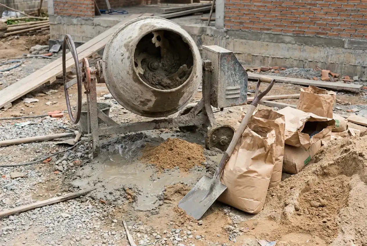 Gâchage du mortier au malaxeur sur le chantier